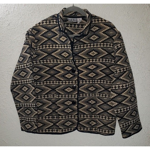 Vtg Studio West Sz M Women's Jacket Sweater Button Front Aztec Southwestern Coat - Picture 1 of 9